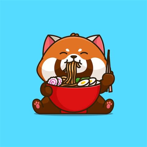 Premium Vector Cute Red Panda Eating Ramen Noodle Simple Cartoon