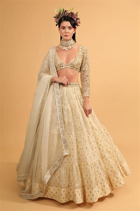 Buy Ivory Banarasi Organza Woven Floral Motifs Plunge V Tiered Lehenga