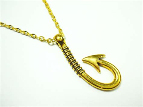 Antique Gold Tone Fish Hook Pendant Necklace Fish Hook Charm