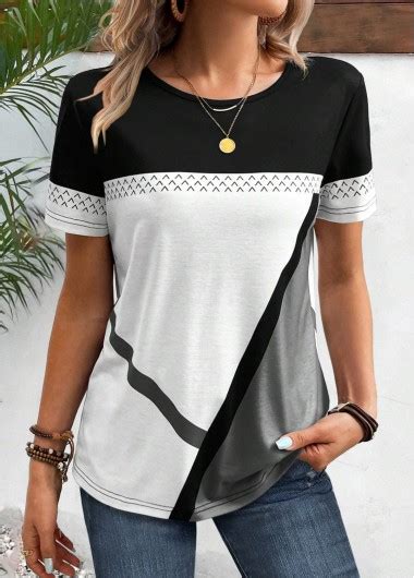 Black Patchwork Geometric Print Short Sleeve T Shirt Modlily