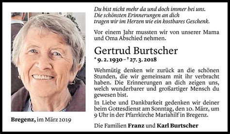 Todesanzeigen Von Gertrud Burtscher Todesanzeigen Vorarlberger