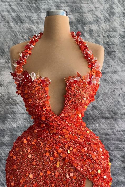 Daisda Red Halter Deep V Neck Mermaid Sequins Evening Dress With