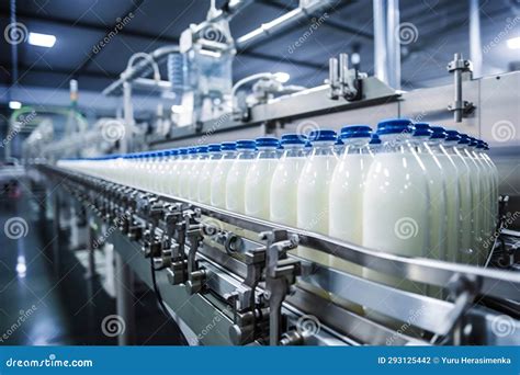 Conveyor For Bottling Milk Into Bottles At A Modern Dairy Plant Line