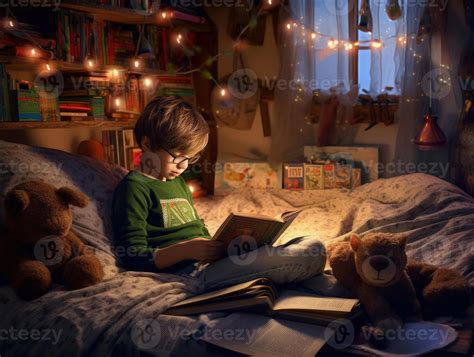 Cute boy reading book before bed time in cozy bedroom. Generative AI ...