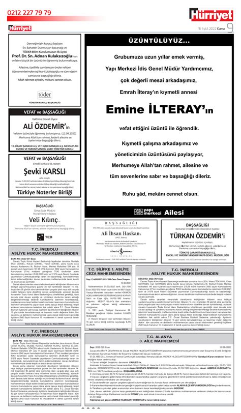 16 Eylül Cuma Vefat İlanlar Hurriyet İlan Servisi