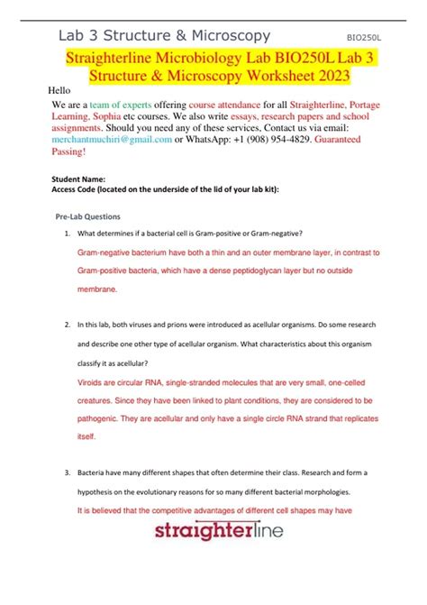 Straighterline Microbiology Lab Bio250l Lab 3 Structure And Microscopy Worksheet 2023 Bio250l