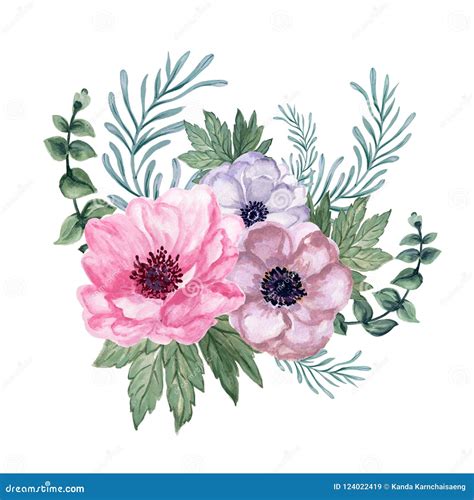 Watercolor Gouache Anemone Floral And Leaves Bouquet Hand Drawn Stock