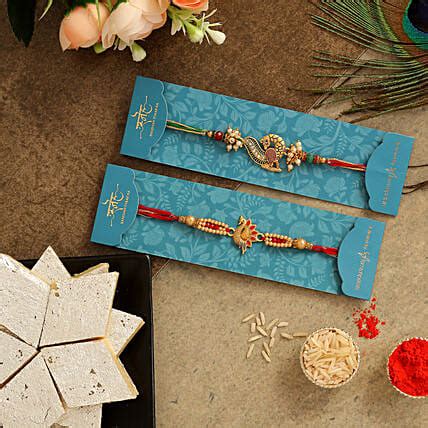 Set Of 2 Peacock Rakhis Kaju Katli Uae Gift Set Of 2 Peacock Rakhis