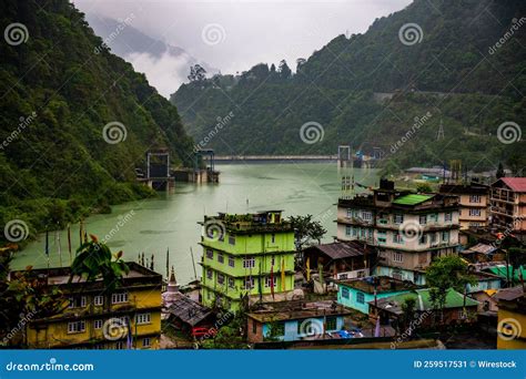 High Angle Of Gangtok With Cable Lines Blue Misty Mountains And Cloudy