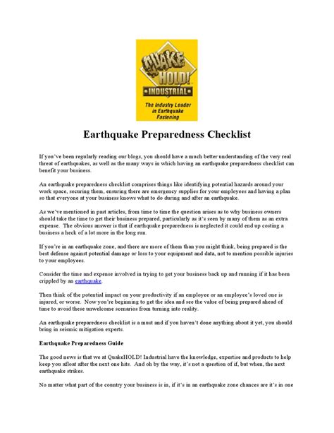 Earthquake Preparedness Checklist by Quakehold Industrial - Issuu