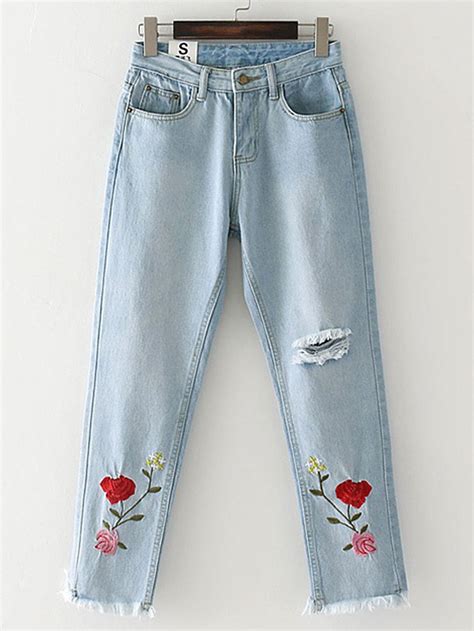 Shop Ripped Detail Flower Embroidered Jeans Online Shein Offers Ripped