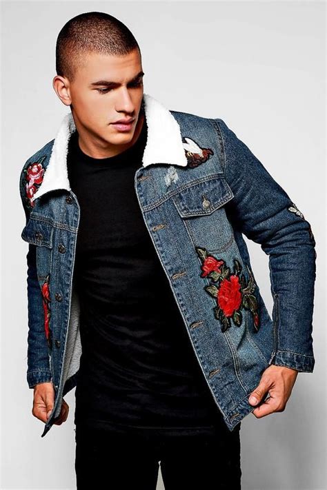 Fully Borg Lined Denim Jacket With Badges Boohooman Denim Jacket Patches Jean Jacket Men