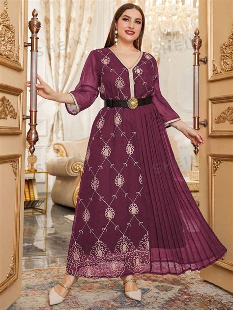 Shein Najma Plus Size Women S Embroidery Pleated Patchwork Arabic