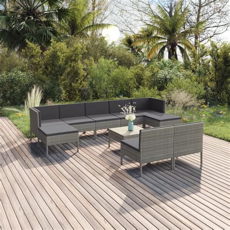 10 Tlg Garten Lounge Set Mit Auflagen Poly Rattan Grau Weddig