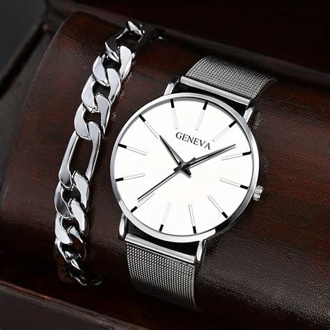 Pcs Set Mens Casual Simple Ultra Thin Stainless Steel Mesh Strap