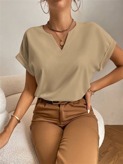 SHEIN Tall Notched Neck Batwing Sleeve Popover Blouse SHEIN USA