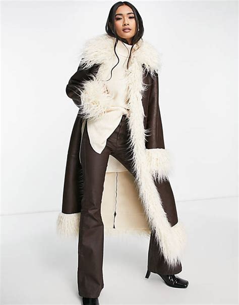 Topshop Faux Suede And Fur Trim Long Coat In Brown Asos