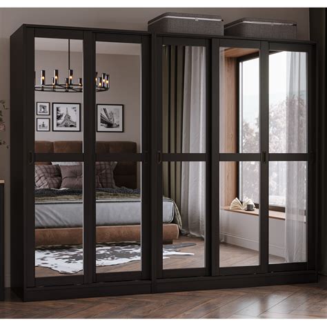 Hokku Designs Pouge 100% Solid Wood 5-Mirrored Sliding Door Wardrobe Armoire | Wayfair