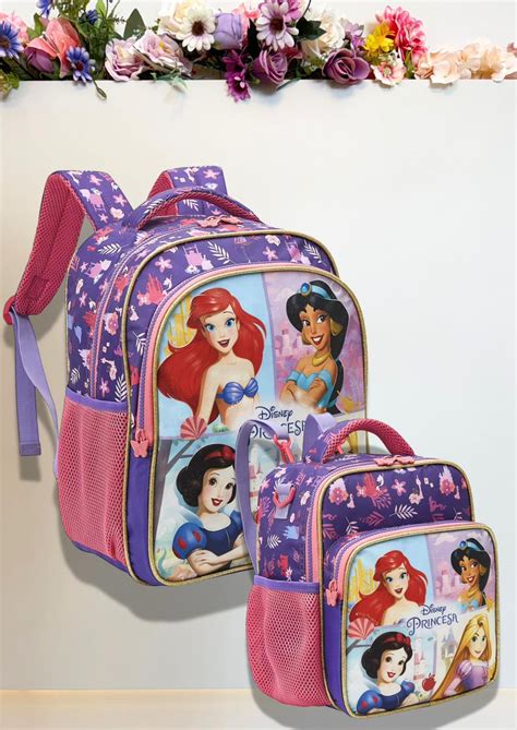 Mochila Das Princesas Da Disney - Kit Mochila + Lancheira Escolar Princesas da Disney Glitter - Rosa ...