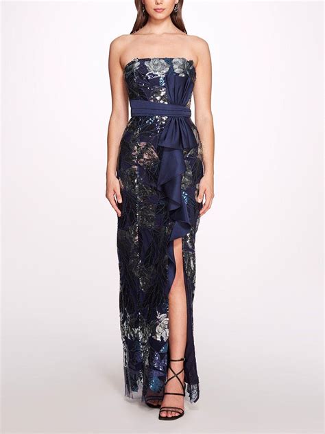 Marchesa Notte Sequined Gown With Front Side Slit In Blue Lyst