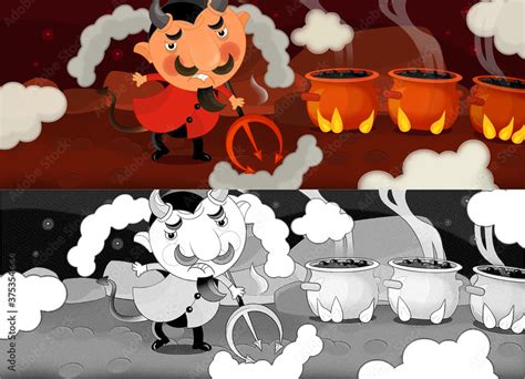 cartoon scene  devil  hell smiling illustration stock