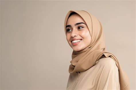 Premium Ai Image A Woman Wearing A Hijab And A Beige Scarf