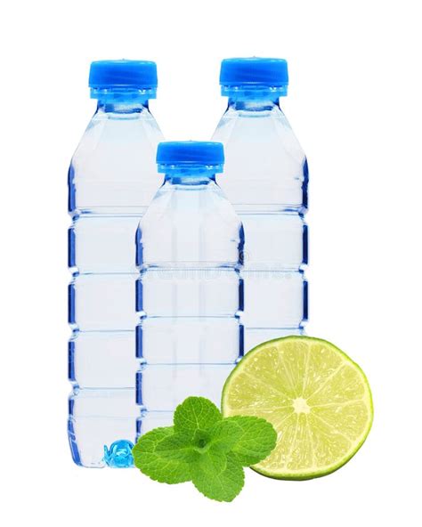 Blue Bottles With Water Mint Herb And Fresh Green Lime Isolated Stock