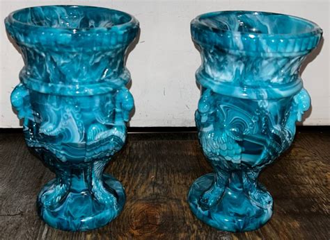 【no149】希少 Antique Sowerby Turquoise Malachite Slag Glass アンティーク ターコイズ マーブル グラス 2客 ヴィンテージ 現状品