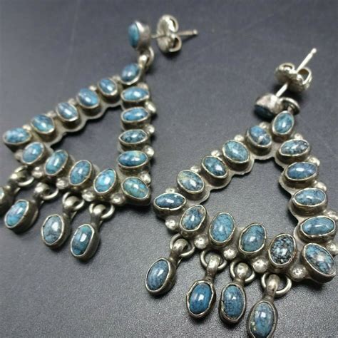 Annie Hoskie Navajo Sterling Silver Turquoise Cluster Triangle Earrings