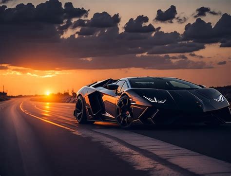 Une Lamborghini Noire Sur La Route Au Coucher Du Soleil Photo Premium