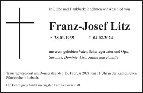 Traueranzeigen Von Franz Josef Litz Saarbruecker Zeitung Trauer De