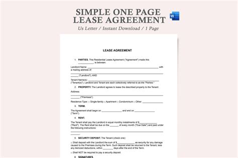 Simple One Page Lease Agreement Lease Agreement Template Lease Contract