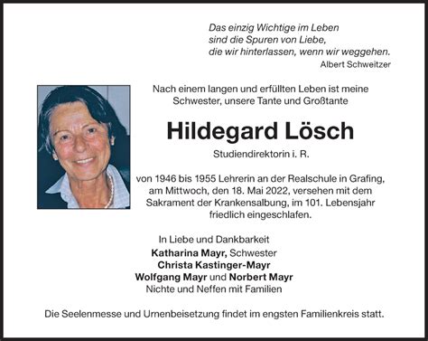 Traueranzeigen von Hildegard Lösch SZ Gedenken de