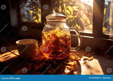 Sunlight Shining Through A Glass Teapot With Steeping Tea Leaves Stock