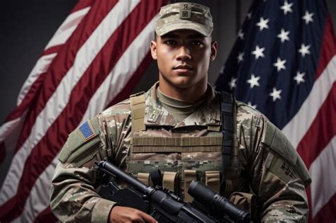 Premium Photo | American army soldier in uniform in front of the flag