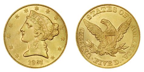 1861 Coronet Head Gold $5 Half Eagle Type 1 - No Motto - Liberty Head - Early Matron Gold Coins ...