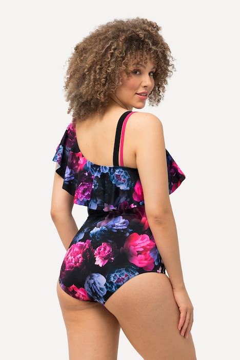 Mixed Print Flounce Panel One Piece Swimsuit Black Ulla Popken