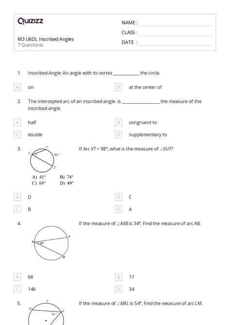 Inscribed Angles Worksheets For Th Grade On Quizizz Free Printable