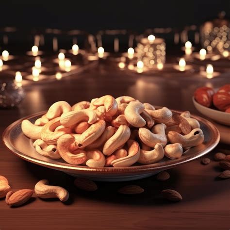 Premium Ai Image Cashew Nuts In Plate For Diwali Festival