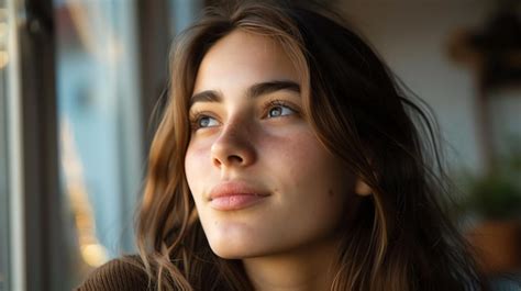 Closeup Portrait Of A Young Woman With Long Brown Hair And Blue Eyes