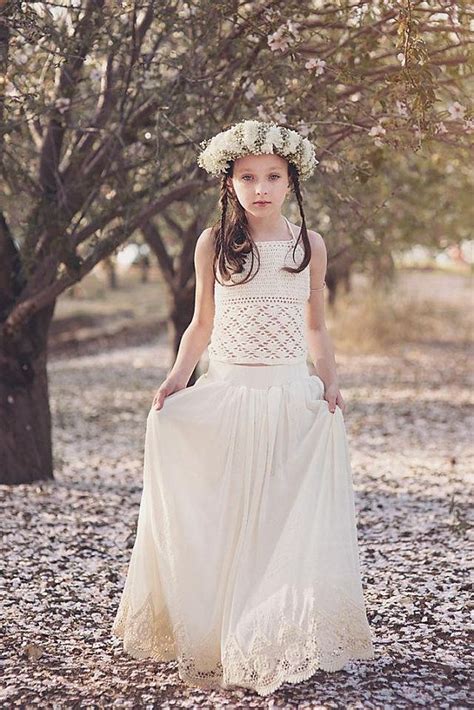 Boho Crochet Lace Flower Girl Dress Junior Bridesmaid Dress Rustic