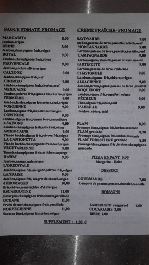 Menu Au La Camionetta Pizzas Au Feu De Bois Restaurant Fellering