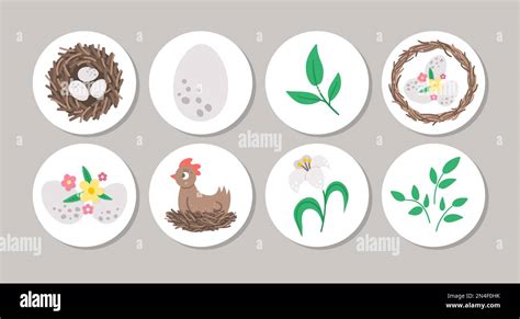 Cute Set Of Round Easter Highlight Icons Or Card Designs With Nest