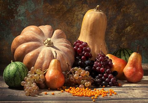 Alimento Bodegón Otoño Uvas Cosecha Pera Calabaza Fondo de