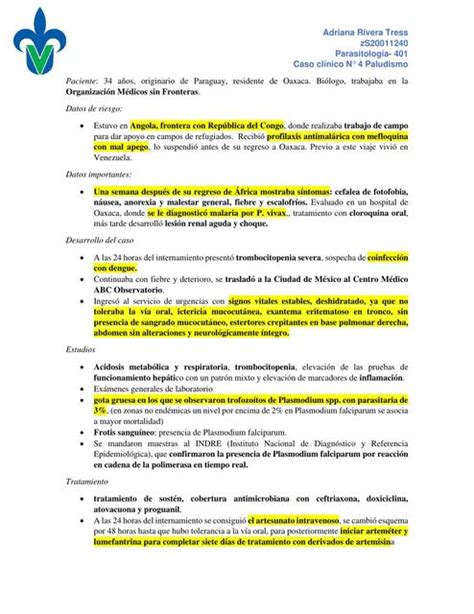 Caso Cl Nico Sobre Paludismo Adriana Rivera Udocz