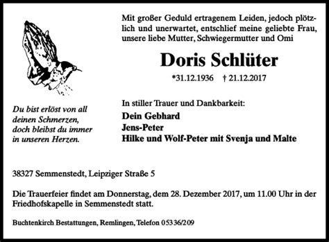 Traueranzeigen von Doris Schlüter trauer38 de