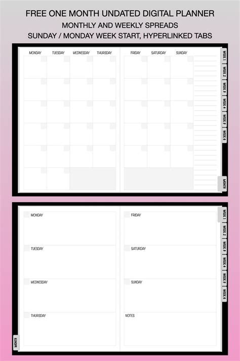 The Free One Month Undated Digital Planner Is Shown In Black And White