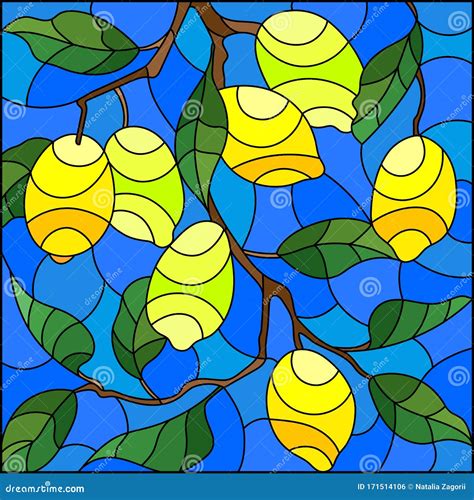 Stained Glass Illustration With The Branches Of Lemon Tree The Fruit