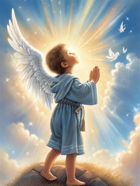 Child Praying with Angels Descending from Heavenly Skies | MUSE AI