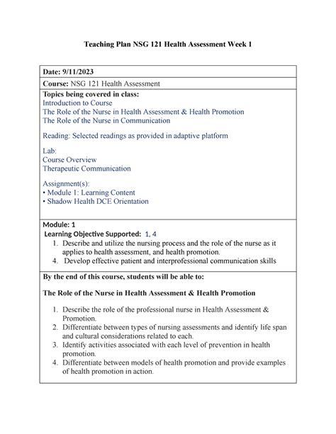 Teaching Plan Nsg 121 Health Assessment Week 1 Describe And Utilize